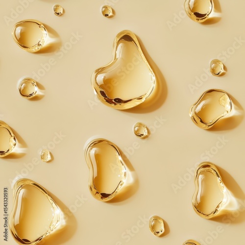 Gleaming golden serum bubbles on light beige background top angle shot for beauty and skincare product