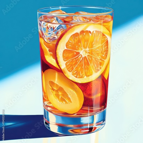 Refreshing Orange Infusion in Clear Glass Featuring Ice Cubes and Vibrant Light on Light Blue Backdrop