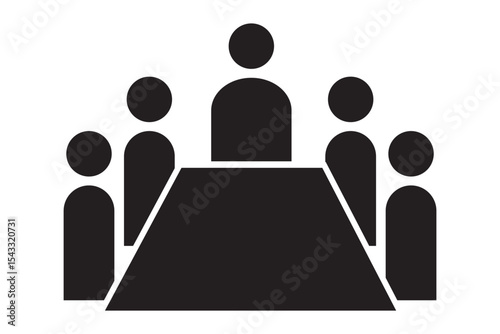 Meeting room icon. Illustration of a meeting with five people sitting around a square table in a conference room setting. 