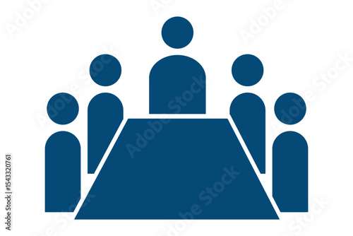 Meeting room icon. Illustration of a meeting with five people sitting around a square table in a conference room setting. 