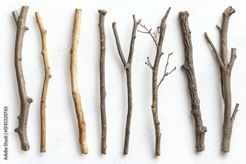 A collection of diverse fallen twigs and branches presenting natural textures on on white background. Generative Ai