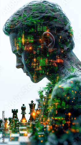 A stylish 3D silhouette of a chess player at the board, integrated with abstract data visualizations and neural network graphs, rendered in shades of green and rainbow hues. Set against a white backgr
