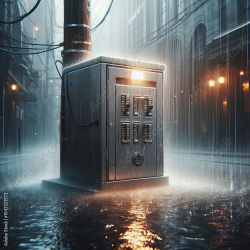 Rain streaking down the metallic surface of a utility box