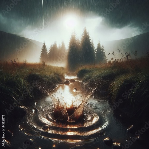 Rain hitting the surface of a stagnant ditch