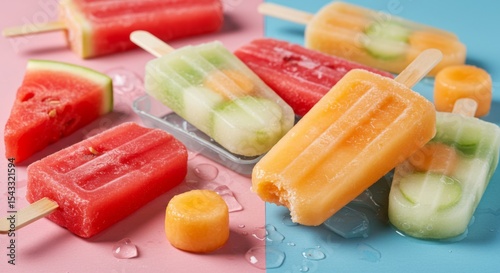 Assorted Fruit Popsicles on Pastel Background