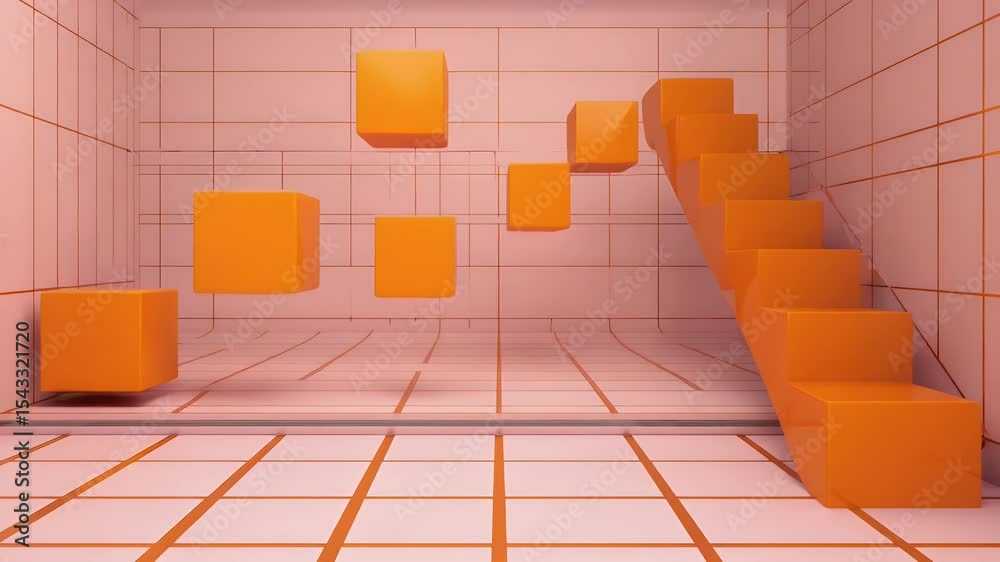 Orange cubes float in a tiled room with stairs, creating a playful, geometric design