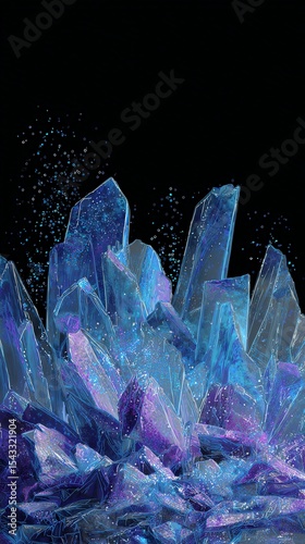 Ice sculpture in dark background Vibrant crystal formations with blue hues.