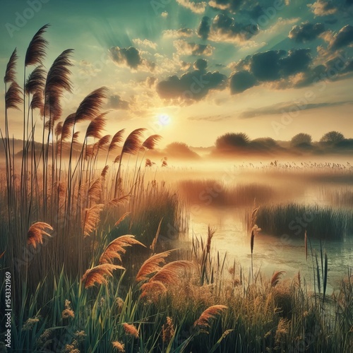 Reed Bordered Wet Meadow Grassy wetland with reeds swaying gentl