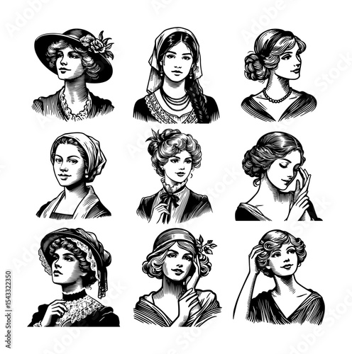 vintage female portraits collection line art style