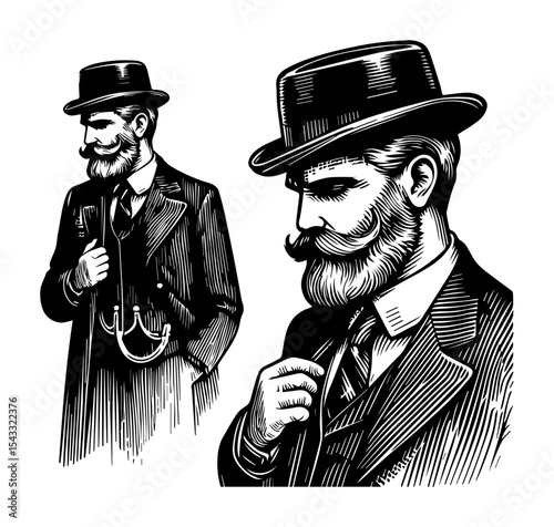 vintage gentleman with beard and hat line art style