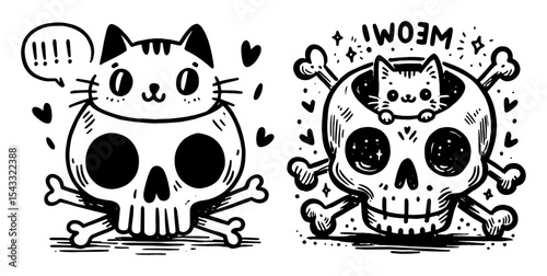 cute cat skull cartoon illustration with bones