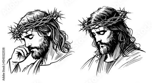 suffering jesus crown of thorns religious line drawing