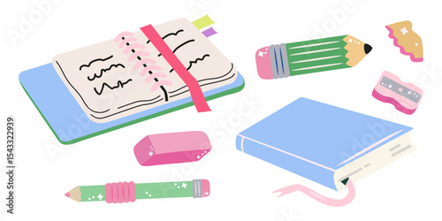 School cartoon retro groovy supplies stickers. Back to school theme. Cute pastel textbooks, notebooks, backpack, pencils. All for learning. Vector illustration