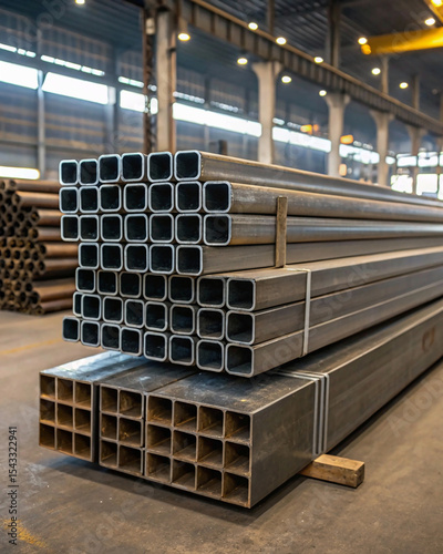 steel pipes in a factory, Stack of rolled metal products, steel pipes and square metal tubes
