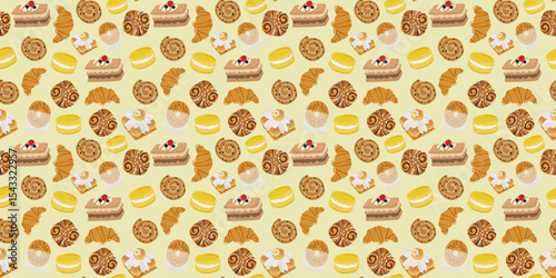 French pastries cartoon seamless pattern. Bakery food. Croissant, macaron, bun. Sweet pastry pattern for bakery, cooking book, wrapping paper, prints, textile, wallpaper