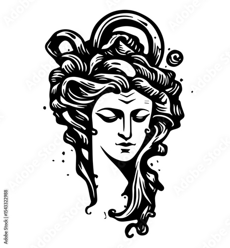 female face with floral hair art nouveau style