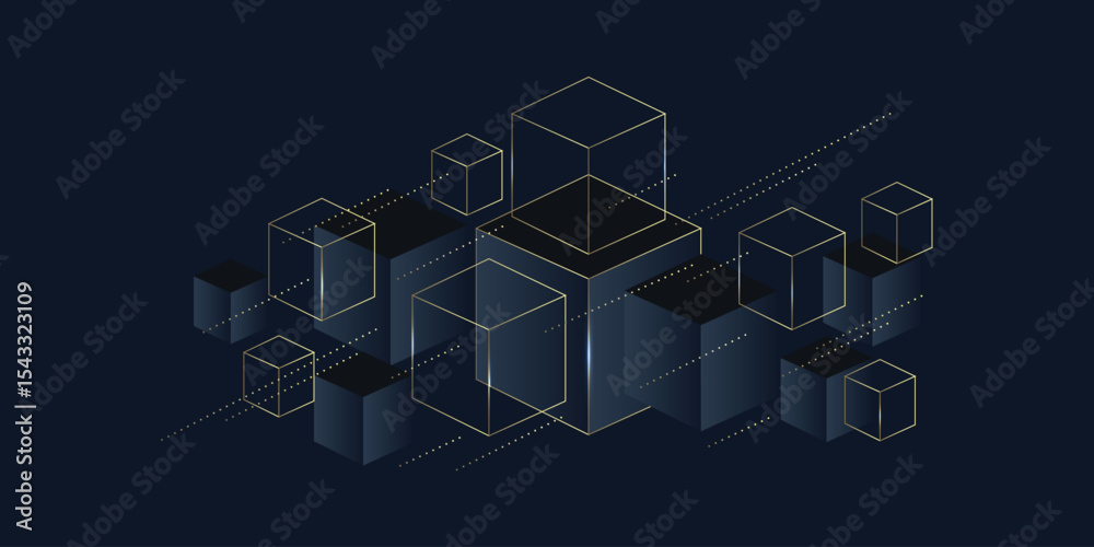 Abstract vector design with cluster of black 3D cubes with golden elements vector background