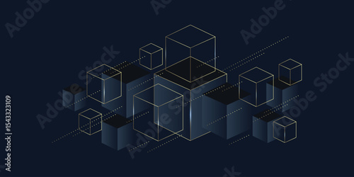Abstract vector design with cluster of black 3D cubes with golden elements vector background
