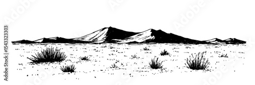 desert landscape with bushes and mountains line art