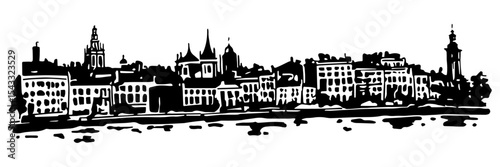 old european town silhouette with riverside buildings