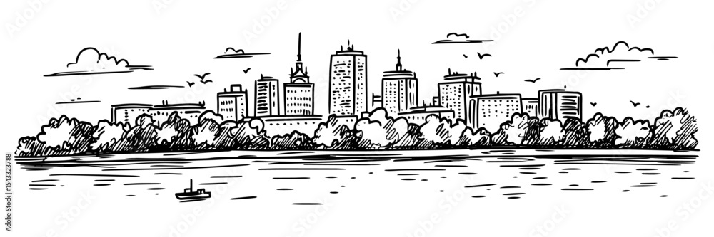 Obraz premium city skyline by river with trees and boat illustration