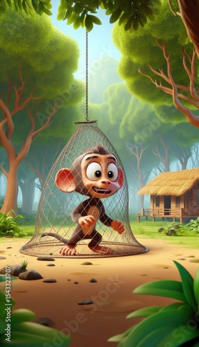 3D Cartoon Monkey Trapped in Net Near Rural Indian Village with Surprised Expression and Forest Background