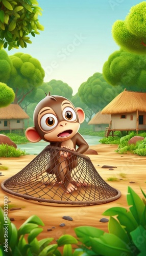 3D Cartoon Monkey Trapped in Net Near Rural Village