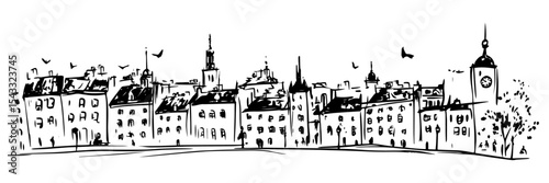 european old town skyline with birds and tower