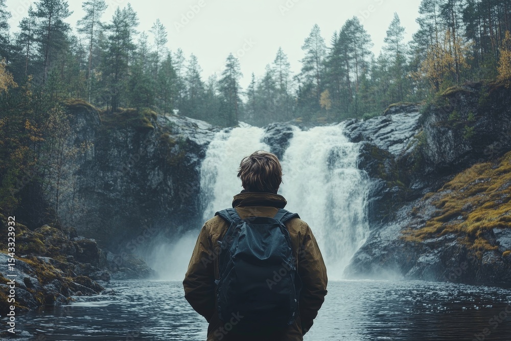 Obraz premium Tourist enjoying by a waterfall in forest, standing in awe of the natural beauty and feeling refreshed by the peaceful surroundings, Generative AI