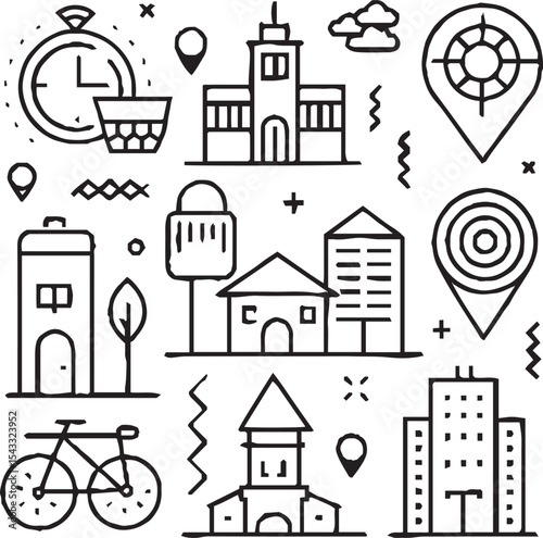 A festive line art illustration featuring birthday-themed icons such as a cake, balloons, gifts, party hats, champagne glasses, fireworks, and decorations, all arranged in a circular layout.