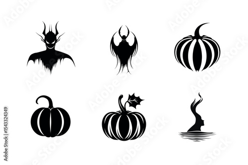 Halloween pumpkin devil bat silhouette set