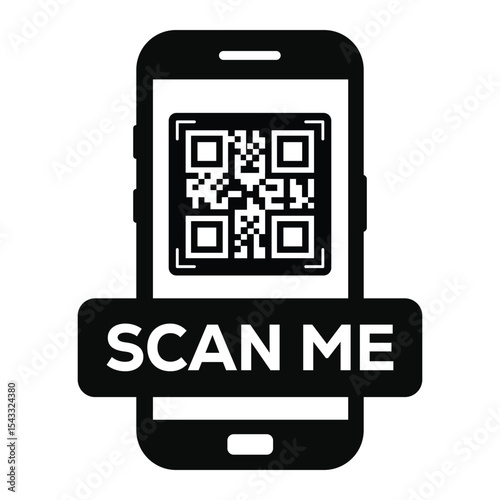 Minimalist black and white smartphone icon displaying a centered QR code on screen. Clean "SCAN ME" label below. Flat vector illustration, front view. Ideal for apps, websites, scanning prompts.