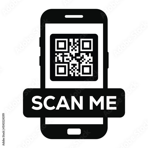 Minimalist black and white smartphone icon displaying a centered QR code on screen. Clean "SCAN ME" label below. Flat vector illustration, front view. Ideal for apps, websites, scanning prompts.