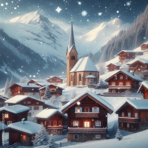 Snowy Mountain Village Small wooden chalets a church with a stee