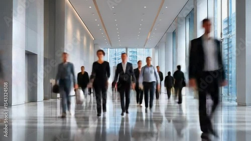 Corporate Walk: A dynamic group of business professionals strides confidently down a modern corporate hallway, their silhouettes representing ambition and forward momentum.