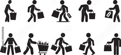 Shopping people carrying bags cart icon set. eps-10
