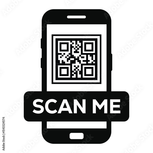 Minimalist black and white smartphone icon displaying a centered QR code on screen. Clean "SCAN ME" label below. Flat vector illustration, front view. Ideal for apps, websites, scanning prompts.