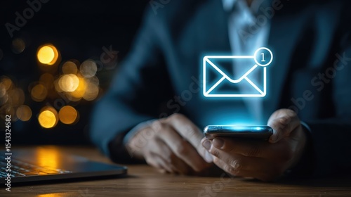 A man checks his phone after receiving an important business email in a dark office at night.