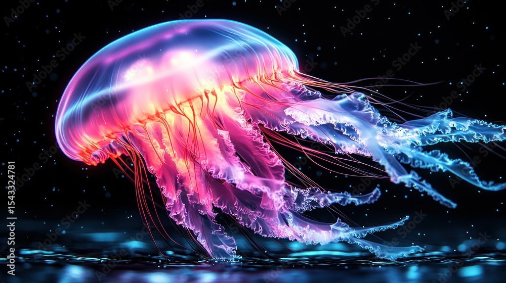 Fototapeta premium Vibrant jellyfish, glowing pink and blue, drifts in dark water