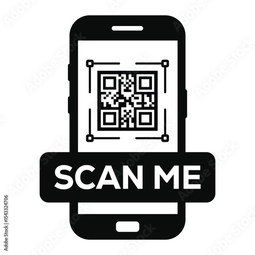 Minimalist black and white smartphone icon displaying a centered QR code on screen. Clean "SCAN ME" label below. Flat vector illustration, front view. Ideal for apps, websites, scanning prompts.