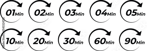 1, 2, 3, 4, 5, 10, 20, 30, 60, 90 min, minutes vector icon set. Vector Illustration