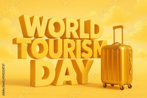A golden suitcase is displayed in front of large 3D letters spelling World Tourism Day on a monochromatic yellow background. Concept of celebrating global travel and tourism.