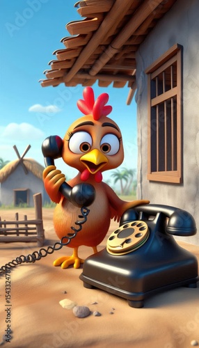 3D Cartoon Hen Calling on Vintage Phone Inside Rural Indian Village House with Worried Expression