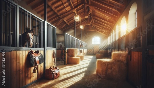 Stable interior Horse stalls hay bales saddles on racks sunlight