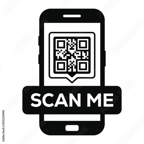Minimalist black and white smartphone icon displaying a centered QR code on screen. Clean "SCAN ME" label below. Flat vector illustration, front view. Ideal for apps, websites, scanning prompts.