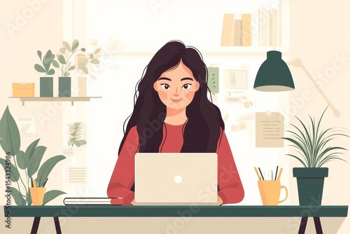 Woman working on laptop computer, focused and engaged in her work while being productive in a modern office or home workspace, Generative AI
