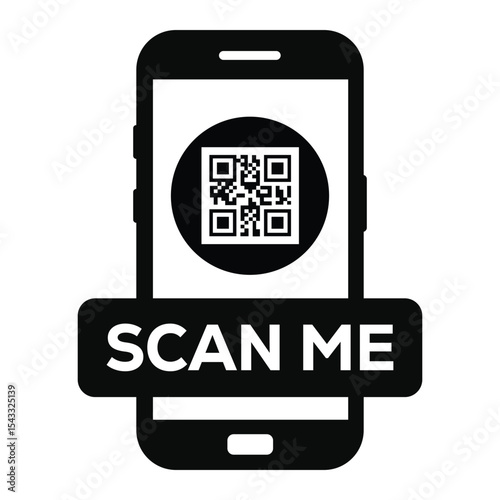 Minimalist black and white smartphone icon displaying a centered QR code on screen. Clean "SCAN ME" label below. Flat vector illustration, front view. Ideal for apps, websites, scanning prompts.