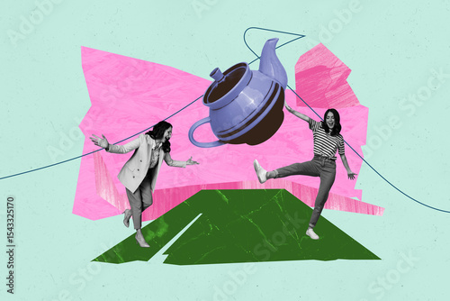 Trendy art creative photo collage of happy girl guy dance together teapot kettle coffee beverage bliss order cacao tea-party