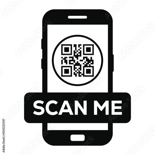 Minimalist black and white smartphone icon displaying a centered QR code on screen. Clean "SCAN ME" label below. Flat vector illustration, front view. Ideal for apps, websites, scanning prompts.