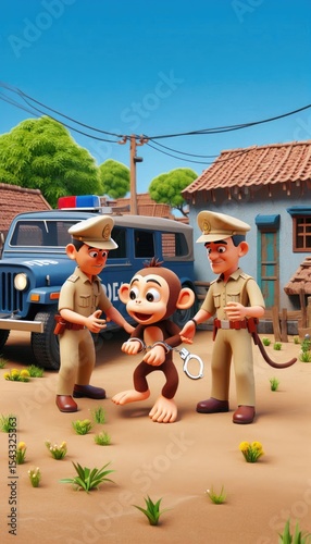 3D Cartoon Monkey Getting Arrested by Village Police